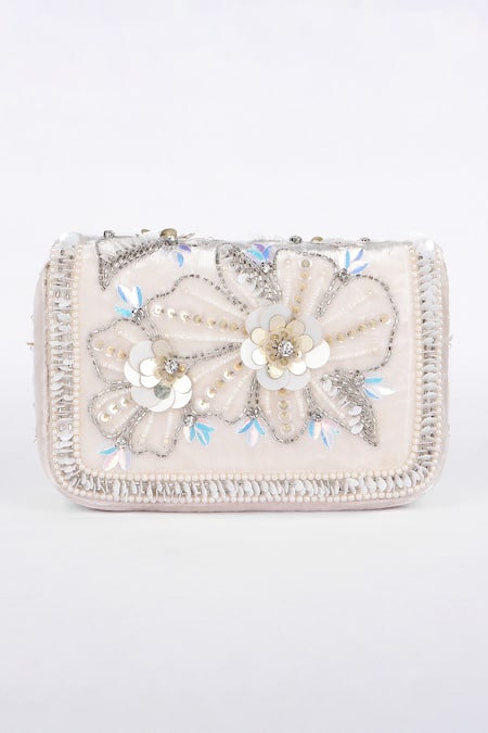 Fuchsia by aashaka mehta Velvet Floral Sequin & Pearl Embellished Clutch 