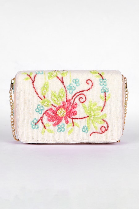 Buy_Fuchsia by aashaka mehta_Off White Beads, Embroidery Beaded Floral Velvet Clutch _Online_at_Aza_Fashions