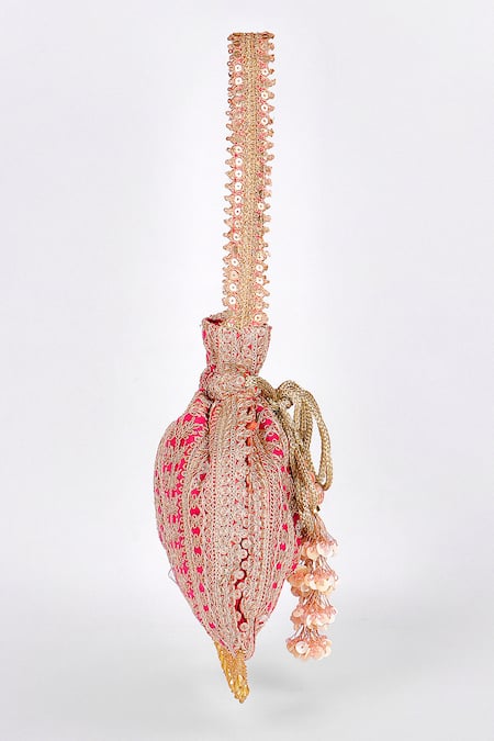Fuchsia by aashaka mehta_Pink Embroidery, Tassels, Beads Silk Potli Bag _Online_at_Aza_Fashions