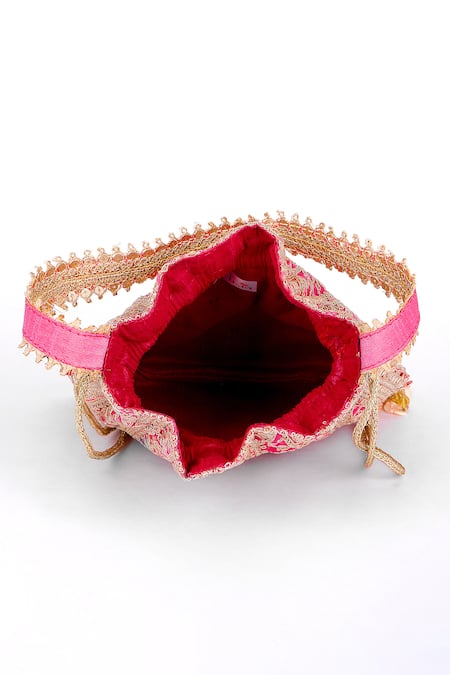 Buy_Fuchsia by aashaka mehta_Pink Embroidery, Tassels, Beads Silk Potli Bag _Online_at_Aza_Fashions