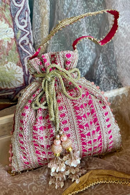 Fuchsia Pink Embroidery, Tassels, Beads Silk Potli Bag 