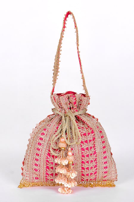 Shop_Fuchsia by aashaka mehta_Pink Embroidery, Tassels, Beads Silk Potli Bag _Online_at_Aza_Fashions