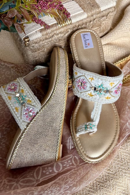 Fuchsia Off White Embroidery, Beads, Stones Arora Kolhapuri Wedges 