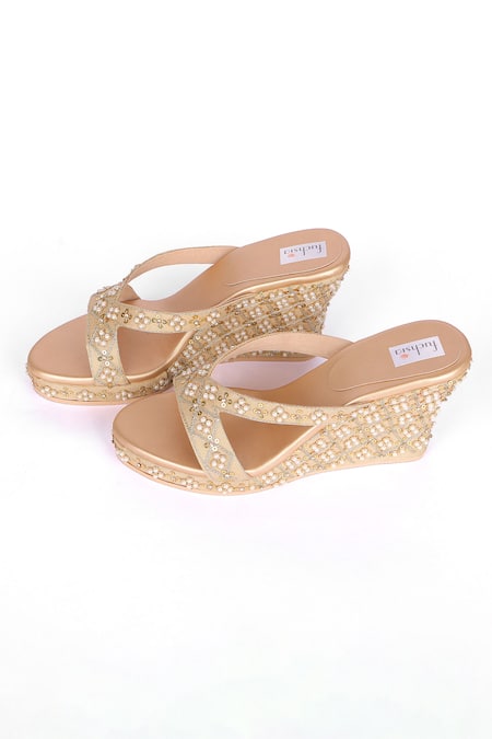 Buy_Fuchsia by aashaka mehta_Gold Beads, Sequins, Embroidery Criss Cross Wedges _Online_at_Aza_Fashions