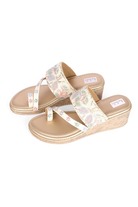 Fuchsia by aashaka mehta_Gold Embroidery, Beads, Sequins Floral Kolhapuri Heels _Online_at_Aza_Fashions