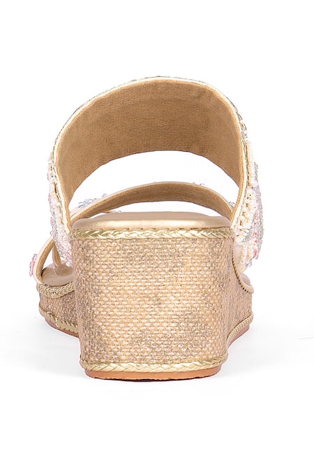 Shop_Fuchsia by aashaka mehta_Gold Embroidery, Beads, Sequins Floral Kolhapuri Heels _Online_at_Aza_Fashions