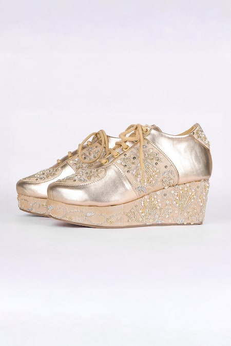 Fuchsia by aashaka mehta Gold Embroidery, Beads, Sequins Sunlight Sneaker Wedges Online at Aza Fashions Fuchsia by aashaka mehta_Gold Embroidery, Beads, Sequins Sunlight Sneaker Wedges _Online_at_Aza_Fashions