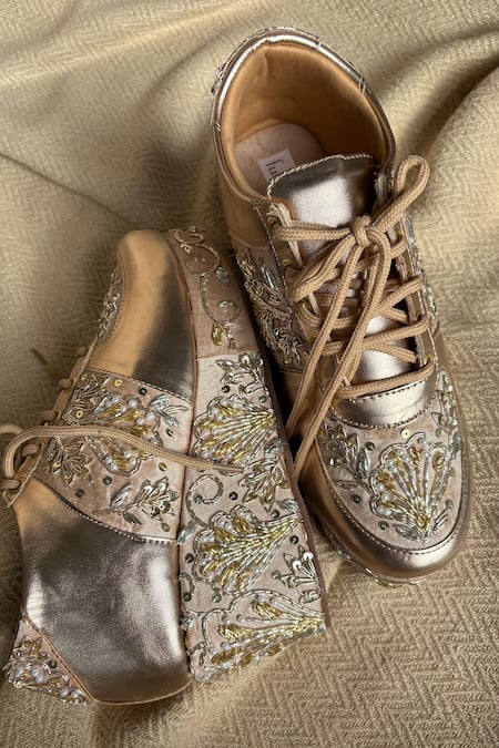 Fuchsia Gold Embroidery, Beads, Sequins Sunlight Sneaker Wedges 