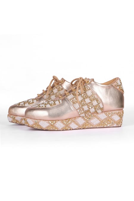 Fuchsia by aashaka mehta_Rose Gold Pearl Embroidered Sneaker Wedges _Online_at_Aza_Fashions