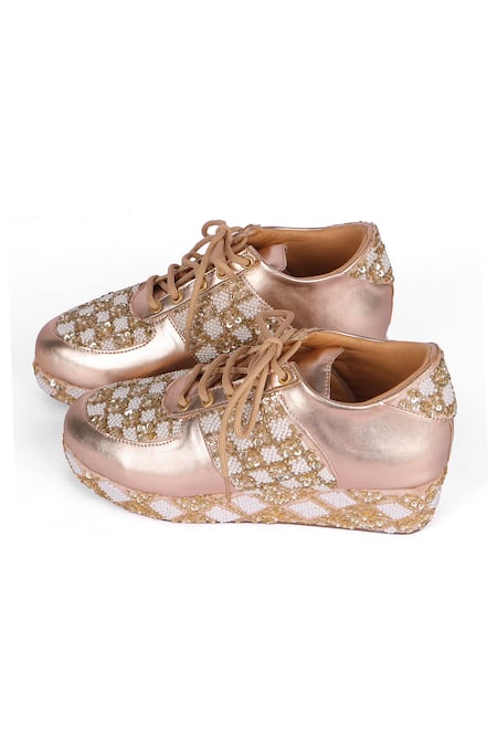 Buy_Fuchsia by aashaka mehta_Rose Gold Pearl Embroidered Sneaker Wedges _Online_at_Aza_Fashions