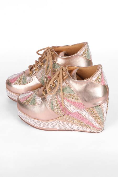 Fuchsia by aashaka mehta_Multi Color Rainbow Embroidered Sneaker Wedges _Online_at_Aza_Fashions