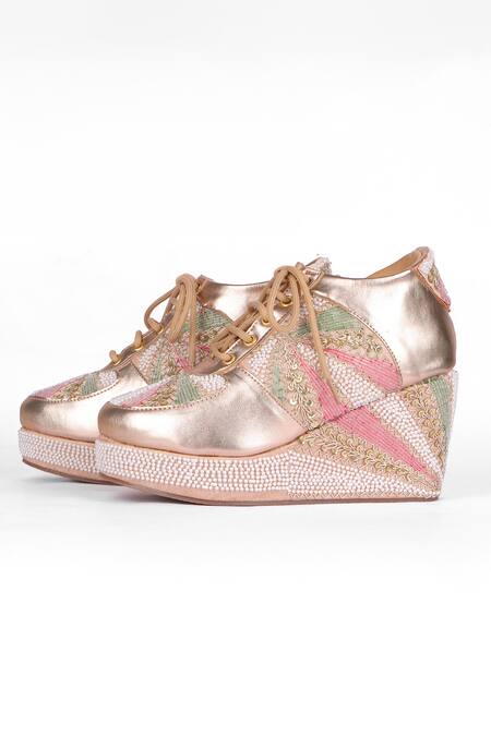 Buy_Fuchsia by aashaka mehta_Multi Color Rainbow Embroidered Sneaker Wedges _Online_at_Aza_Fashions