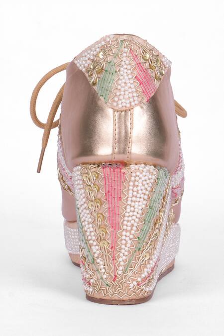 Shop_Fuchsia by aashaka mehta_Multi Color Rainbow Embroidered Sneaker Wedges _Online_at_Aza_Fashions
