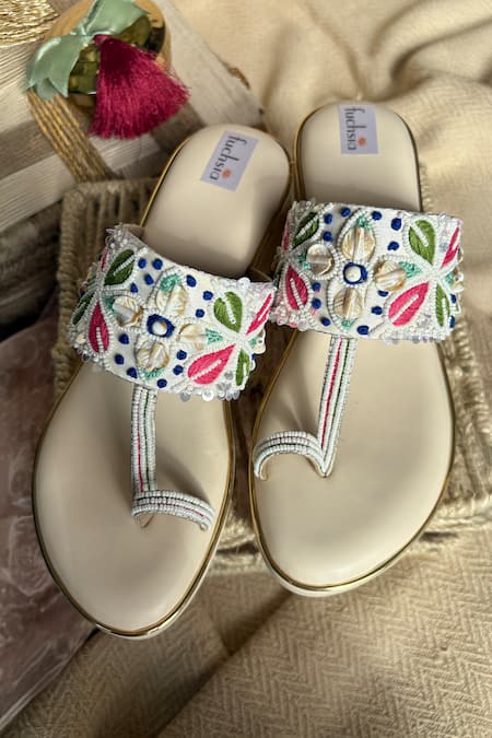 Fuchsia Cream Embroidery, Beads Morocco Kolhapuri Wedges