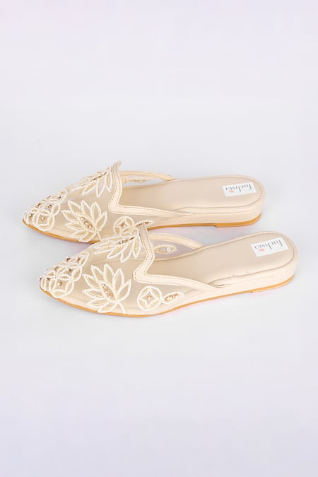 Fuchsia by aashaka mehta_Off White Lotus Embroidered Mojaris _Online_at_Aza_Fashions