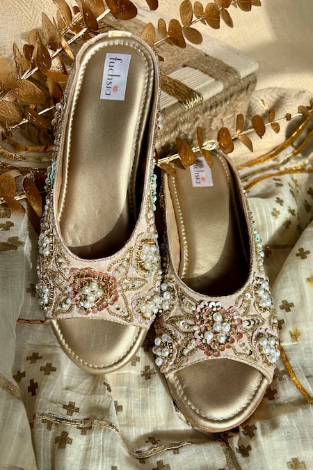 Fuchsia Gold Embroidery, Beads, Sequins Floral Wedges