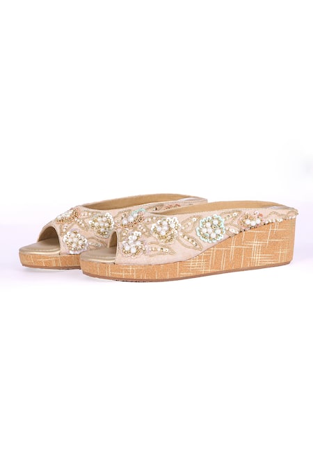 Fuchsia by aashaka mehta_Gold Embroidery, Beads, Sequins Floral Wedges _Online_at_Aza_Fashions