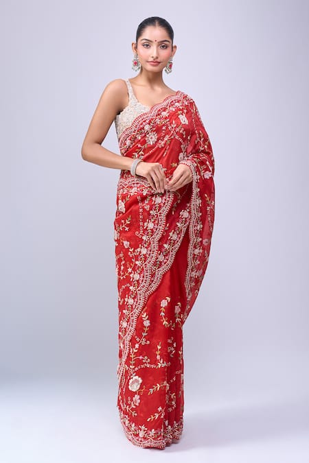 Shop_Azeera_Red Embroidery, Metallic Thread Floral Saree With Unstitched Blouse Piece _Online_at_Aza_Fashions