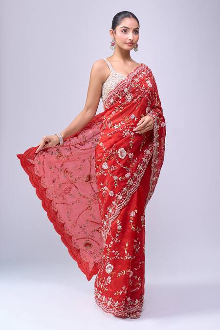Buy_Azeera_Red Embroidery, Metallic Thread Floral Saree With Unstitched Blouse Piece 