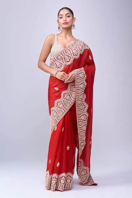 Buy Azeera Red Embroidery, Zari Paisley Saree With Unstitched Blouse Piece Buy_Azeera_Red Embroidery, Zari Paisley Saree With Unstitched Blouse Piece