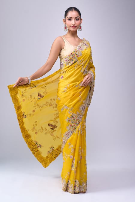 Azeera_Yellow Embroidery, Sequins, Zari Saree With Unstitched Blouse Piece _at_Aza_Fashions