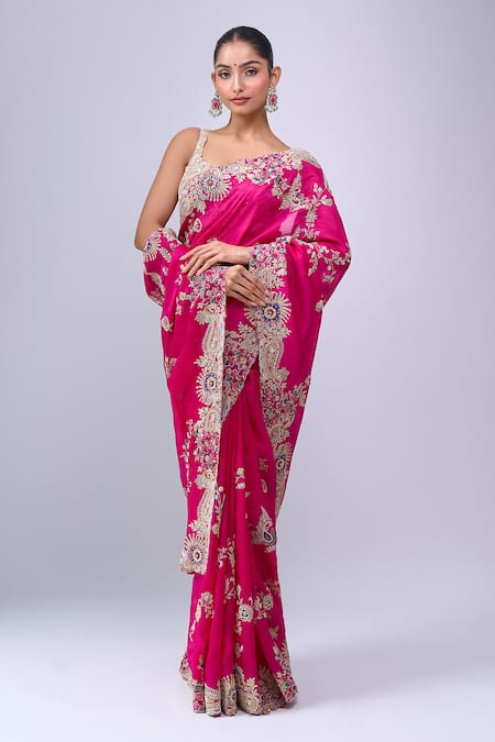 Azeera Magenta Embroidery, Zari, Metallic Thread Saree With Unstitched Blouse Piece 