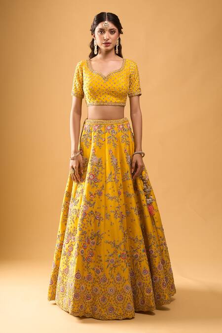 Buy_Azeera_Yellow Tassels, Embroidery Leaf Neck Mustard Floral Lehenga Set 