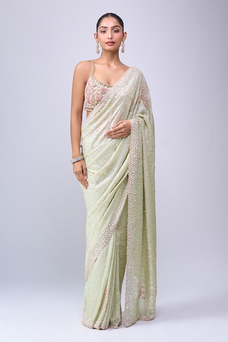 Azeera Green Sequins, Embroidery Saree With Unstitched Blouse Piece 