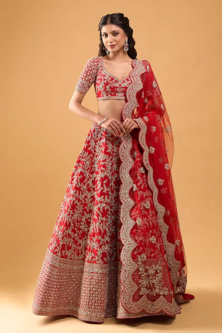 Azeera Red Tassels, Embroidery V-neck Bridal Lehenga Set 