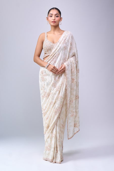 Azeera Ivory Embroidery, Sequins, Zari Floral Saree With Unstitched Blouse Piece 