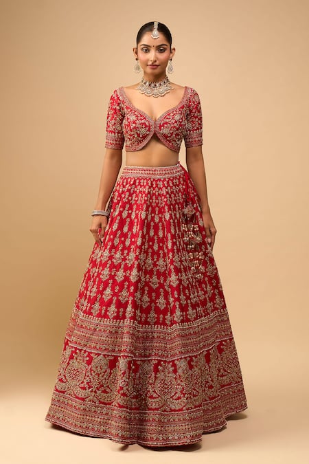 Azeera Red Tassels, Embroidery V-neck Bridal Lehenga Set at Aza Fashions Azeera_Red Tassels, Embroidery V-neck Bridal Lehenga Set _at_Aza_Fashions