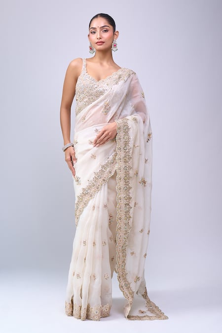 Buy_Azeera_Ivory Organza Embroidery, Zari, Beads Saree With Unstitched Blouse 