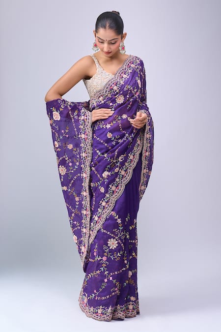 Buy_Azeera_Purple Embroidery, Metallic Thread Floral Saree With Unstitched Blouse Piece 
