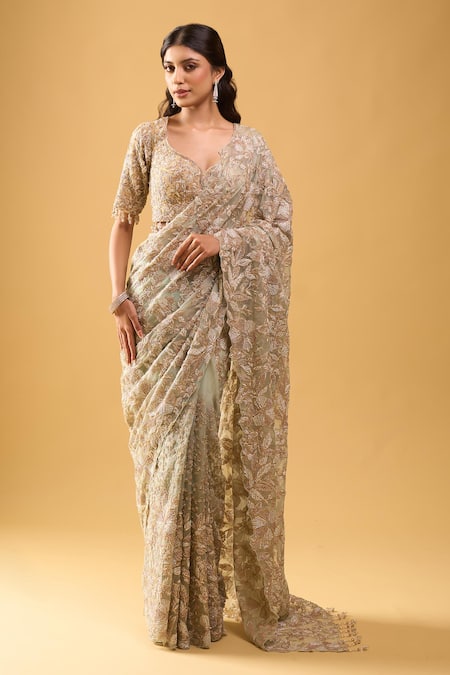 Buy_Azeera_Blue Embroidery, Zari Saree With Unstitched Blouse Piece 