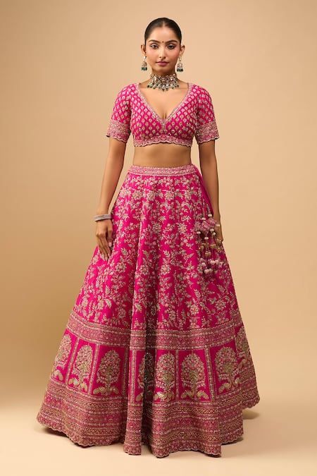 Azeera Pink Tassels, Sequins, Embroidery V-neck Rani Bridal Lehenga Set at Aza Fashions Azeera_Pink Tassels, Sequins, Embroidery V-neck Rani Bridal Lehenga Set _at_Aza_Fashions