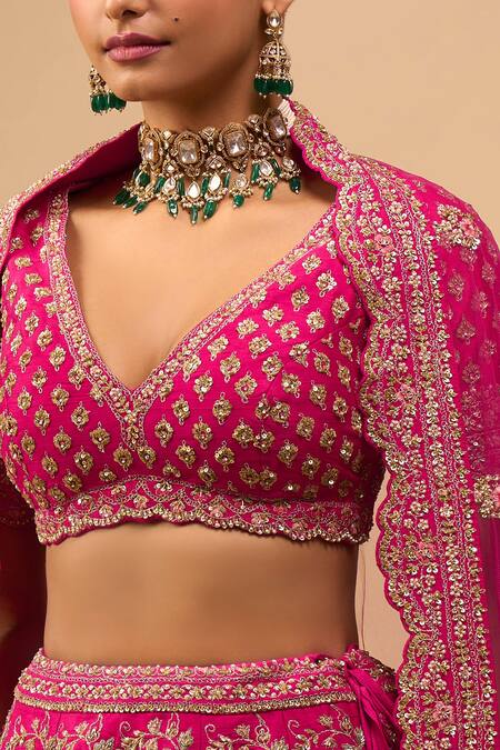 Buy Azeera Pink Tassels, Sequins, Embroidery V-neck Rani Bridal Lehenga Set Buy_Azeera_Pink Tassels, Sequins, Embroidery V-neck Rani Bridal Lehenga Set