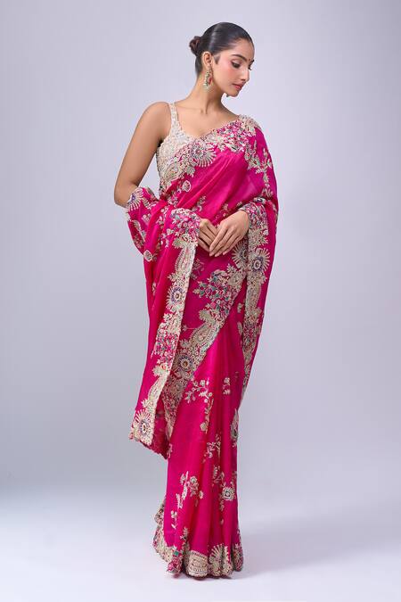 Buy Azeera Magenta Embroidery, Zari, Metallic Thread Saree With Unstitched Blouse Piece Buy_Azeera_Magenta Embroidery, Zari, Metallic Thread Saree With Unstitched Blouse Piece