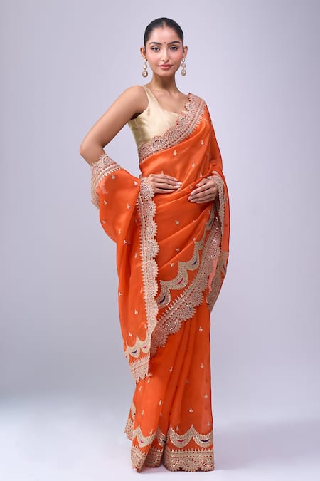Buy_Azeera_Orange Embroidery, Zari Saree With Unstitched Blouse Piece 