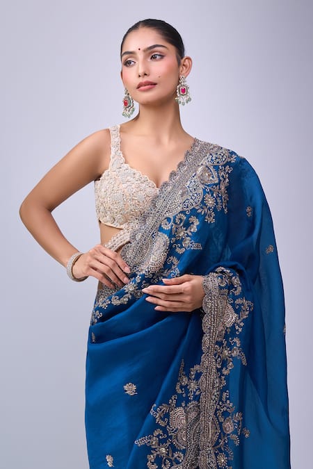 Azeera_Blue Embroidery, Zari Saree With Unstitched Blouse Piece _at_Aza_Fashions
