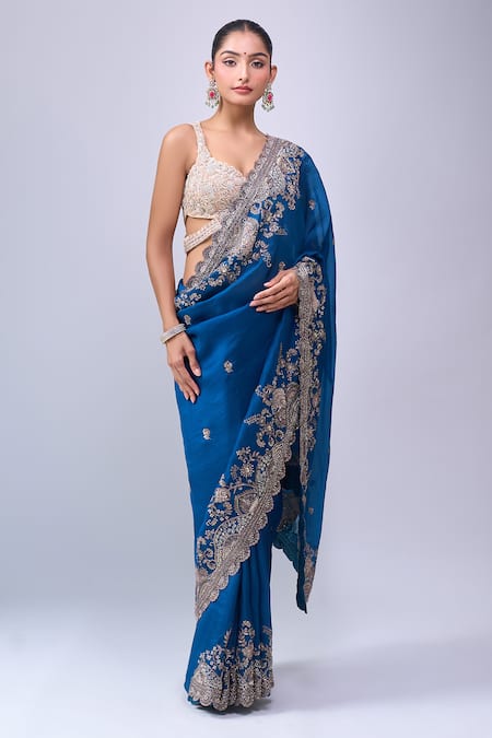 Buy_Azeera_Blue Embroidery, Zari Saree With Unstitched Blouse Piece 