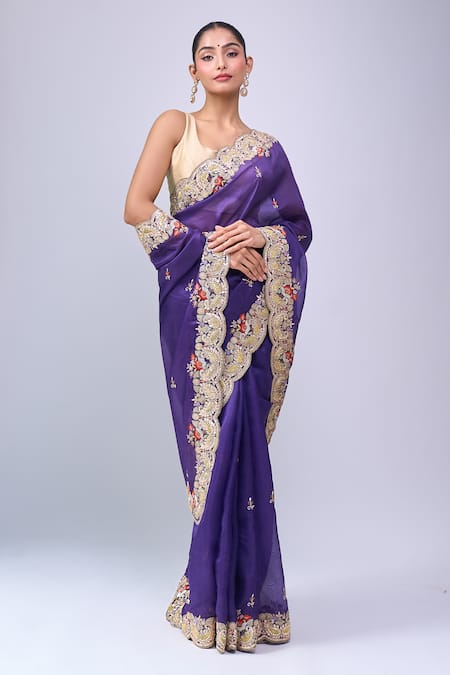 Azeera Purple Embroidery, Zari Saree With Unstitched Blouse Piece 