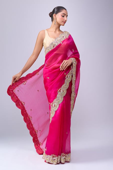 Shop_Azeera_Pink Embroidery, Zari Scalloped Saree With Unstitched Blouse Piece _Online_at_Aza_Fashions