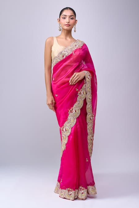 Buy_Azeera_Pink Embroidery, Zari Scalloped Saree With Unstitched Blouse Piece 