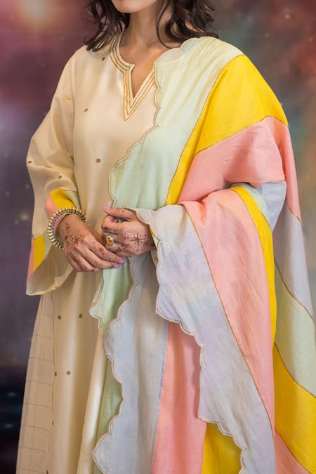 Kacha Tanka_Ivory Chanderi Embroidery Notched Neck Ikra Kurta Set _at_Aza_Fashions