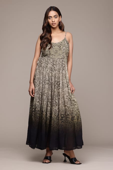 Ritu Kumar Grey Viscose, Chiffon Embroidery Round Neck Jalaj Floral Print Dress 