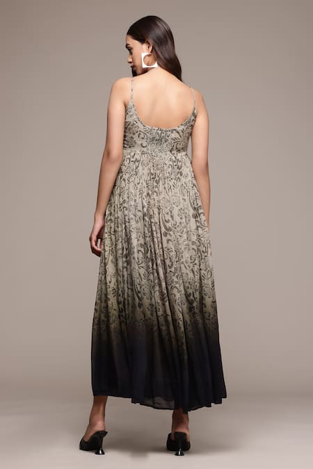 Shop Ritu Kumar Grey Viscose, Chiffon Embroidery Round Neck Jalaj Floral Print Dress at Aza Fashions Shop_Ritu Kumar_Grey Viscose, Chiffon Embroidery Round Neck Jalaj Floral Print Dress _at_Aza_Fashions