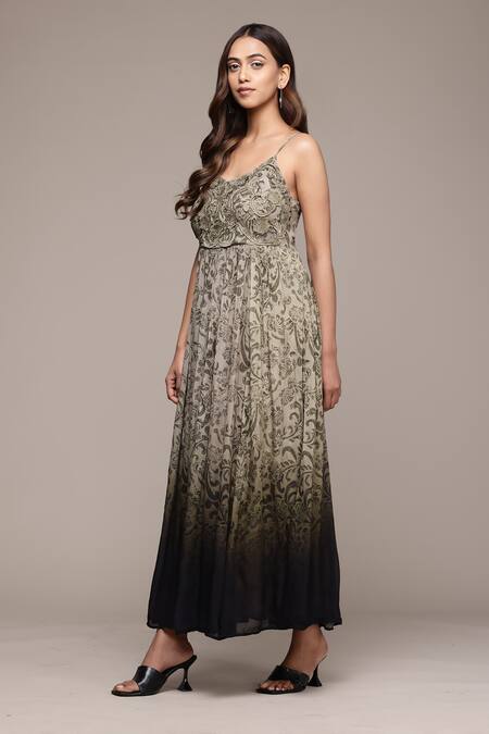 Ritu Kumar Grey Viscose, Chiffon Embroidery Round Neck Jalaj Floral Print Dress Online at Aza Fashions Ritu Kumar_Grey Viscose, Chiffon Embroidery Round Neck Jalaj Floral Print Dress _Online_at_Aza_Fashions