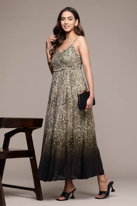 Buy Ritu Kumar Grey Viscose, Chiffon Embroidery Round Neck Jalaj Floral Print Dress Online at Aza Fashions Buy_Ritu Kumar_Grey Viscose, Chiffon Embroidery Round Neck Jalaj Floral Print Dress _Online_at_Aza_Fashions