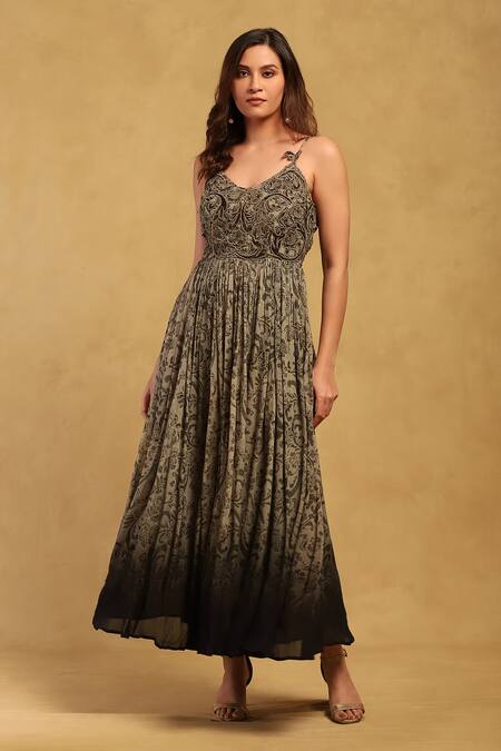 Shop Ritu Kumar Grey Viscose, Chiffon Embroidery Round Neck Jalaj Floral Print Dress Online at Aza Fashions Shop_Ritu Kumar_Grey Viscose, Chiffon Embroidery Round Neck Jalaj Floral Print Dress _Online_at_Aza_Fashions