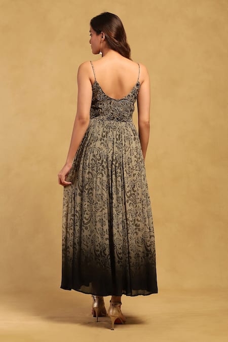 Ritu Kumar Grey Viscose, Chiffon Embroidery Round Neck Jalaj Floral Print Dress at Aza Fashions Ritu Kumar_Grey Viscose, Chiffon Embroidery Round Neck Jalaj Floral Print Dress _at_Aza_Fashions